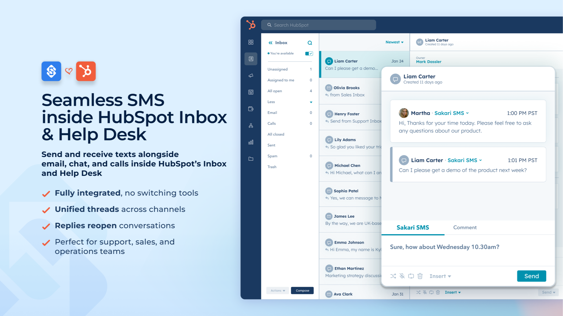 Native SMS inside HubSpot Inbox